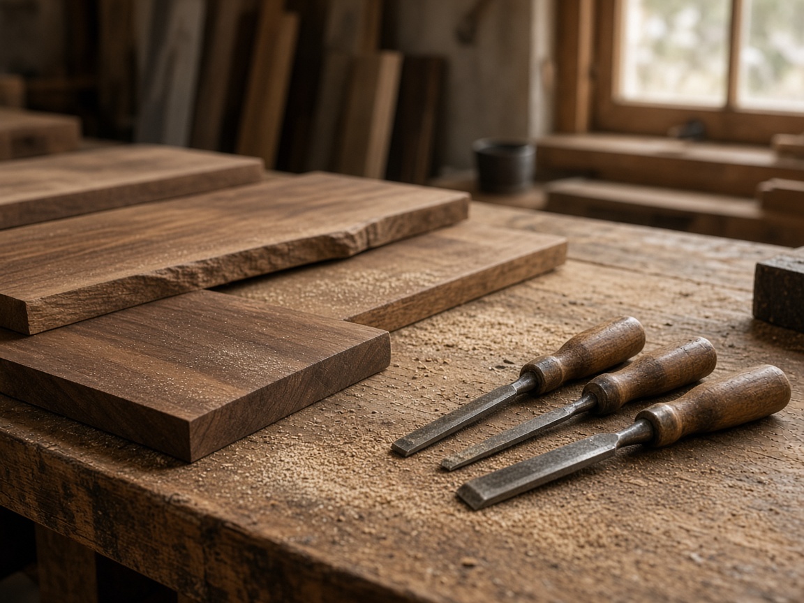 Hardwood boards and tools on a workshop table