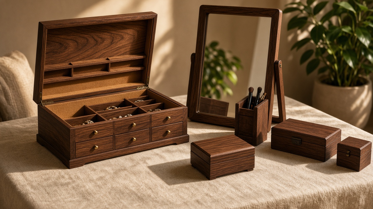 Wooden jewelry boxes and vanity pieces arranged on a sunlit dressing table